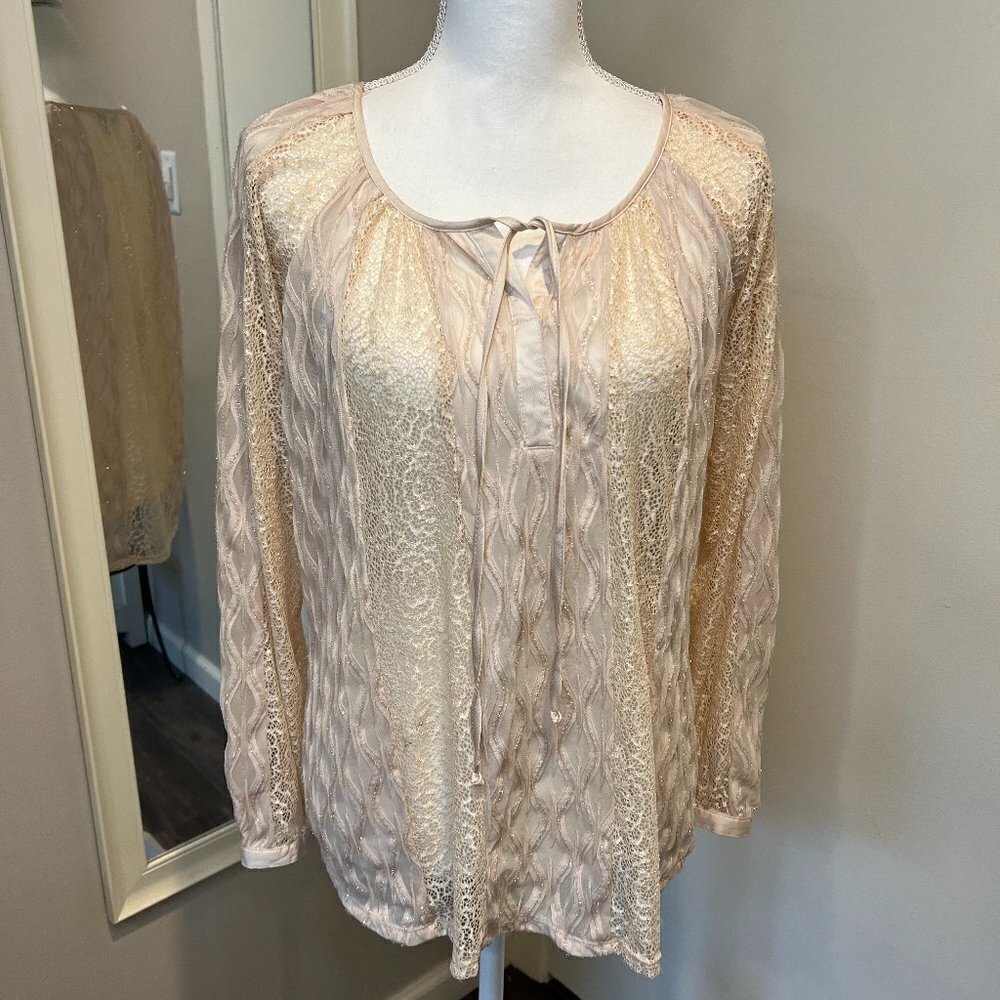 Roz & Ali Blush pink lace long sleeve top, Size Small